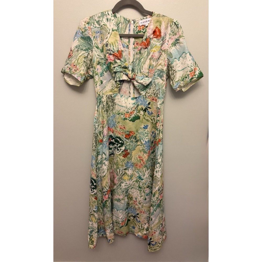Hunter Bell Pierce Midi Dress Size 4 Green Garden Floral Linen Blend Cutout Bow - Picture 4 of 16